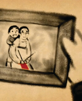 animated hand holding a picture frame with an image of a couple