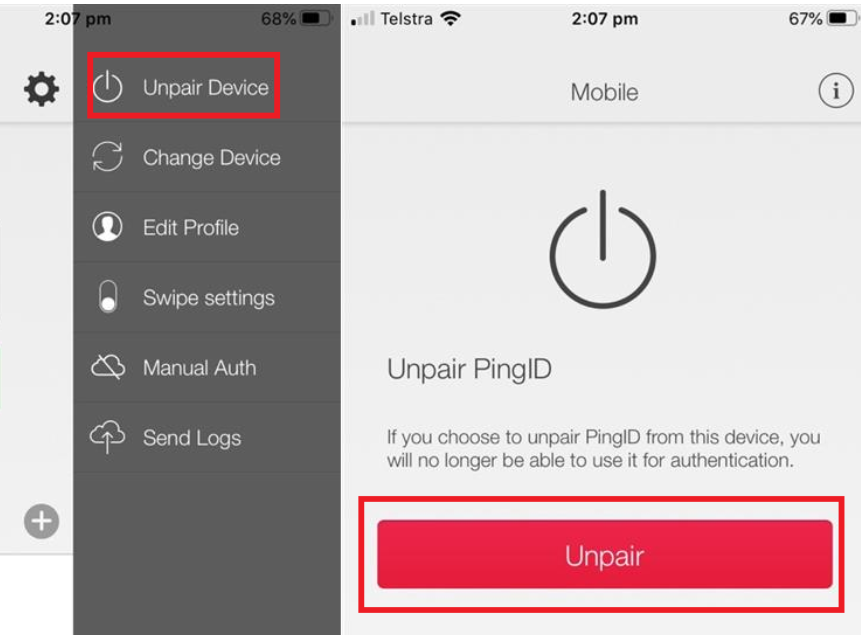 Ping ID interface with unpair device option highlighted