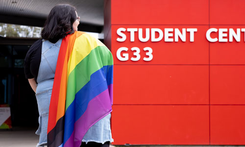 Person walking carrying rainbow flag with rainbow-soled shoes showing