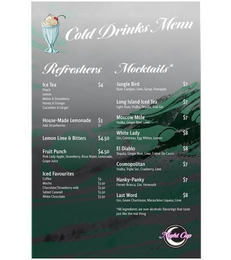 Anja Pretorius, Night Cap Menu Cold Drinks, 2021