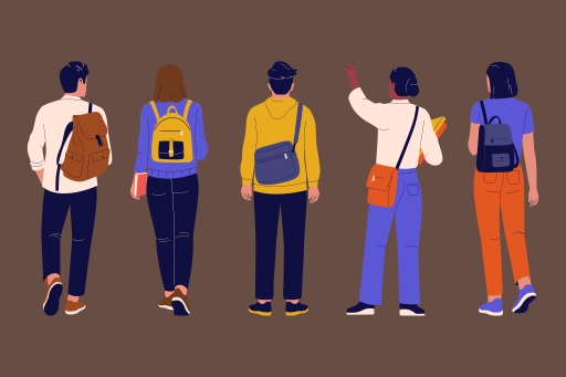 Illustrated graphic showing five students walking side by side from behind, each carrying a backpack or shoulder bag. The figures wear casual clothing in bright colours, including yellow, blue, orange and neutral tones, against a plain brown background.