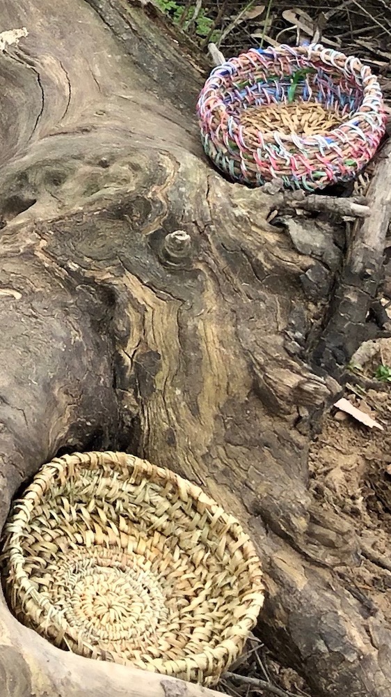 Ronda Sharpe, Series 3 “Collection of Baskets and Coolamons”, 2019, 2020, natural fibres, string, data cables, sedge grass dimensions variable. Title Exhibition “Everything is still connected II, 2019”