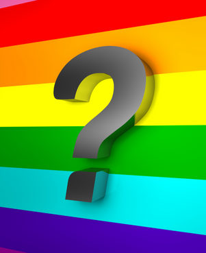 Silver question mark on a rainbow striped background