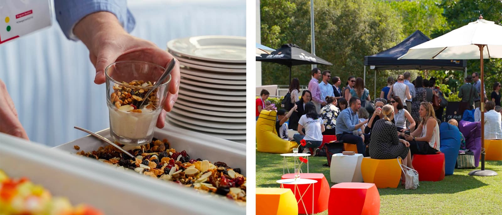 Two photos, one of a plate of food, another of people eating food outside