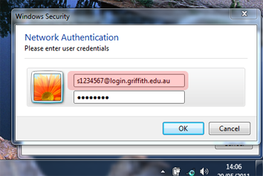 screenshot of entering Griffith Portal username in windows network authentication panel