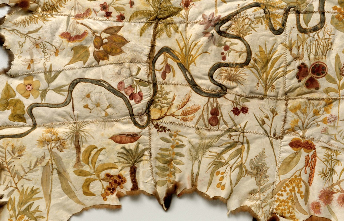 Image: Carol McGregor, <em>black seeds</em>, 2016, possum skins, cotton, ochre, ash, resin Overall (irregular): 187.00 x 93.00 cm Redland Art Gallery Collection. Acquired in 2017 with Redland Art Gallery Acquisition Funds Image credit: Mark Mohell, National Portrait Gallery.