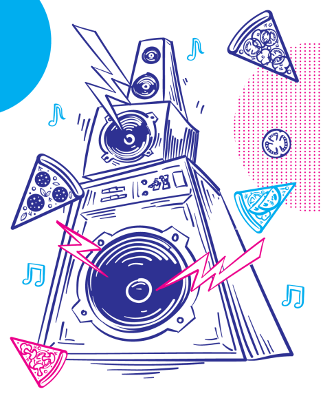 graphic with speakers, music notes and pizza