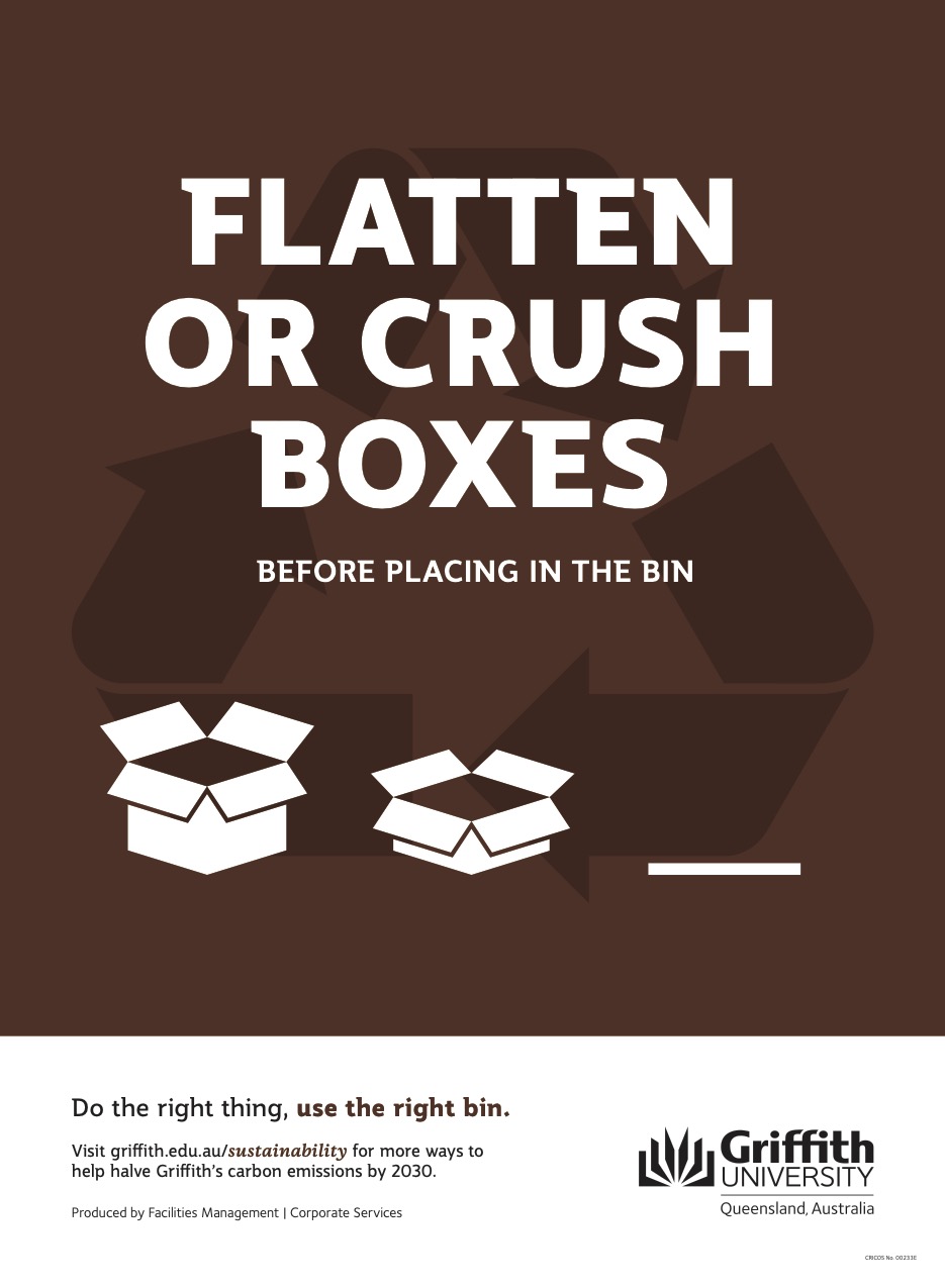 A recycling awareness poster from Griffith University, Queensland, Australia, with a brown background and a large recycling symbol in the center. The main message reads, 'FLATTEN OR CRUSH BOXES BEFORE PLACING IN THE BIN.' Below are two icons showing boxes being flattened. The bottom of the poster includes the message, 'Do the right thing, use the right bin,' along with a link to griffith.edu.au/sustainability for tips on reducing carbon emissions by 2030. The Griffith University logo appears in the bottom right corner.