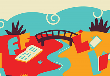 Graphic showing a bridge over a river with some letters around