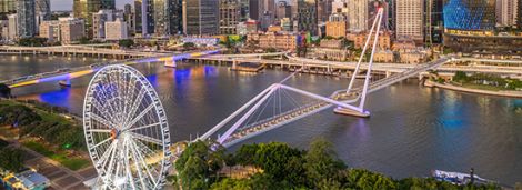 Aerial shot of Brisbane City showing South Bank and the Treasury Building