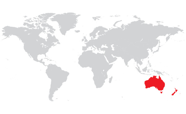 Map of the world with Australia and New Zealand highlighted
