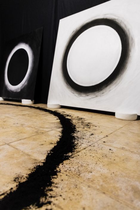 Adrienne Piscopo, Void viii, and Void ix, 2020, Plyboard, house paint, gesso, acrylic paint, charcoal, and chalk pastel. 1.2 m x 1.2 m each. Installation shot as part of the immersive installation, titled Between two worlds 2