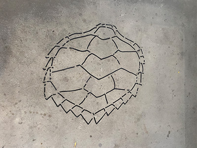 tortoise shell shaped art work incised on concrete floor