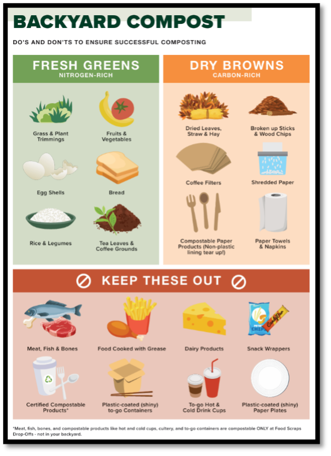An infographic titled 'Backyard Compost' with three main sections. The first section, 'Fresh Greens (Nitrogen-Rich),' lists compostable items such as grass and plant trimmings, fruits and vegetables, egg shells, bread, rice and legumes, tea leaves, and coffee grounds. The second section, 'Dry Browns (Carbon-Rich),' includes dried leaves, straw and hay, broken sticks and wood chips, coffee filters, shredded paper, compostable paper products (without plastic lining), and paper towels and napkins. The third section, 'Keep Out,' lists items not suitable for backyard composting: meat, fish and bones, greasy cooked food, dairy products, snack wrappers, certified compostable products, plastic-coated to-go containers, hot and cold drink cups, and plastic-coated paper plates. A note clarifies that some compostable products are only suitable for Food Scraps Drop-Offs.