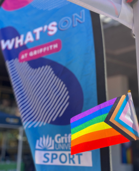 Pride flag and What's On At Griffith Bow Flag