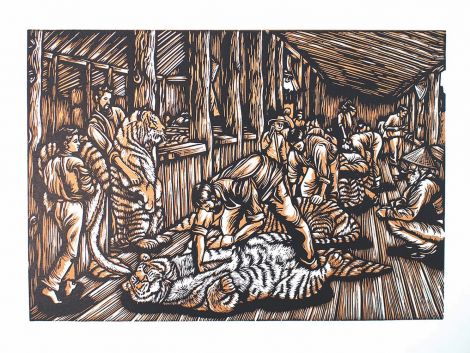 Ruth Cho, Shearing the Tigers, 2020, 21cm x 29cm, Multi-coloured linocut