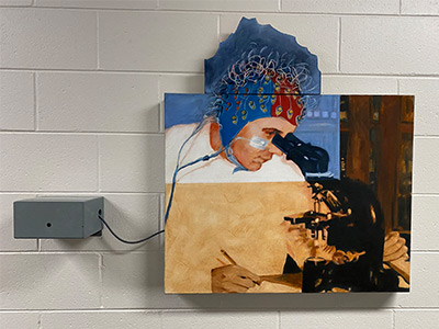 multilayered painting of a man wearing a EEG electrode cap while using a microscope