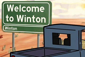 animated truck passing a sign saying welcome to winton