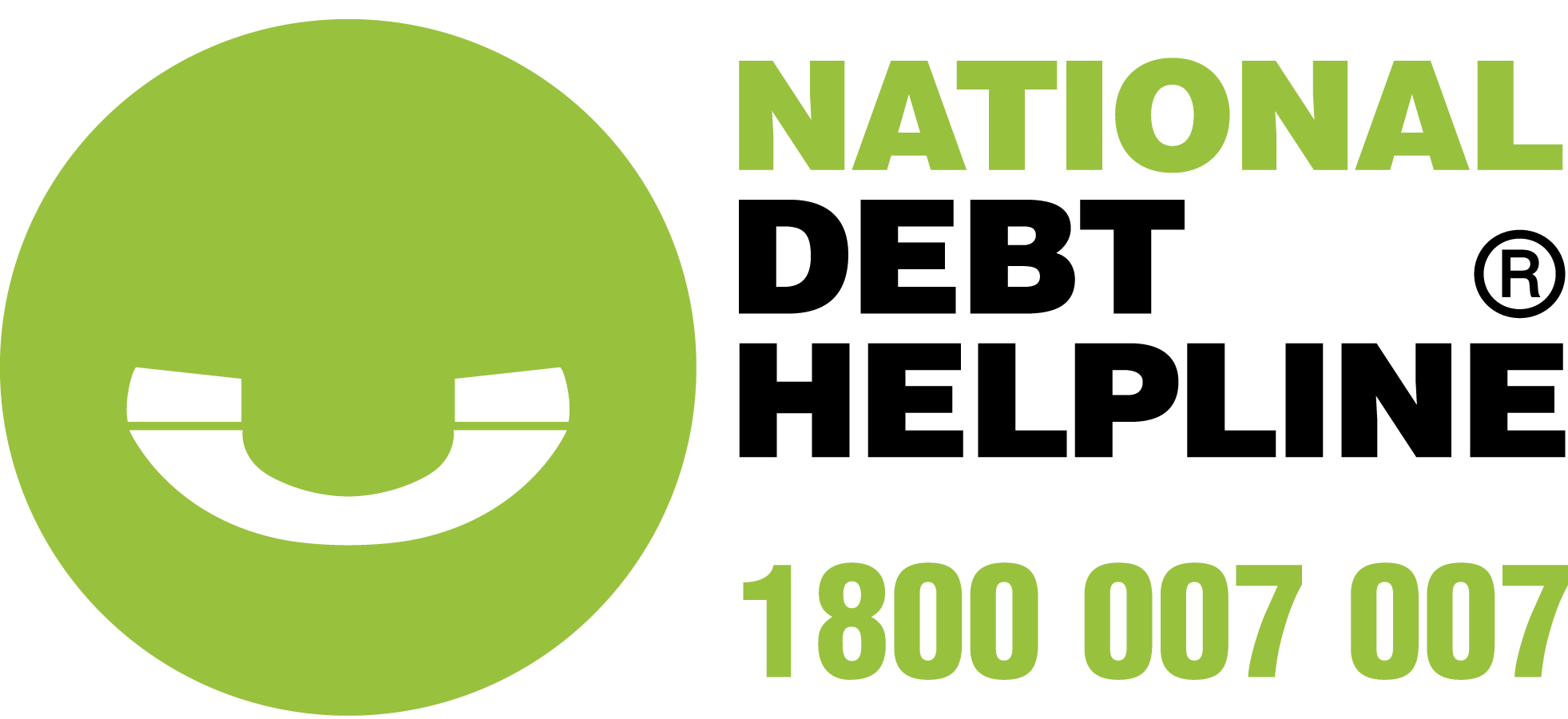 A green logo with a phone shaped line a smile.  Has the text National Debt Helpline 1800 007 007