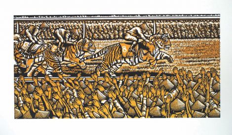 Ruth Cho, The race that stops a nation, 2020, 22.2cm x 44cm, Multi-coloured linocut
