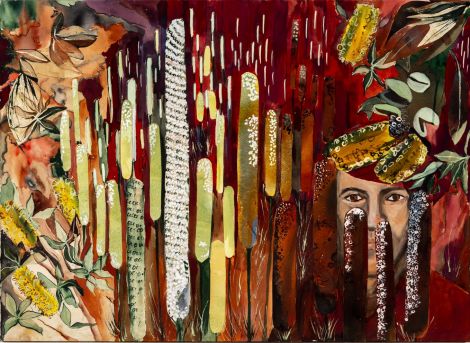 Marie Adams, Grasstrees in flower, 2020, collage, watercolour, ink and gouache on watercolour paper, 56 x 77cm. Photo by Andrew Willis (@fromthinairpics)