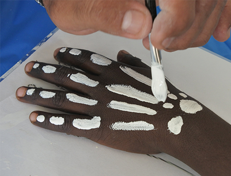 A person's hand being painted with Aboriginal art