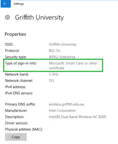 Griffith University network properties