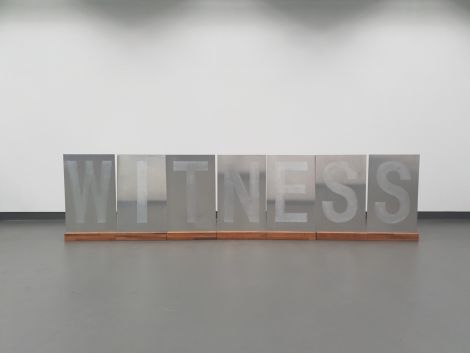 Michelle Wild, “WITNESS”, 2020, Scratched aluminium, timber, 100 x 60 cm