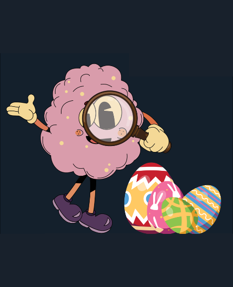 cotton candy character holding magnifying glass looking for easter eggs