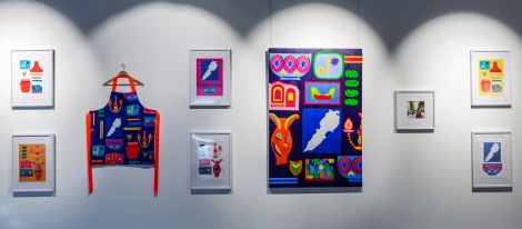 Emily Howard, Personalised Fragments of Culture, 2020, Installation View, acrylic on canvas, printed fabric, paper collage, photographic print
