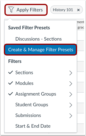 Highlight of the "Apply Filters" Button and the "Create & Manage Filter Presets" link 