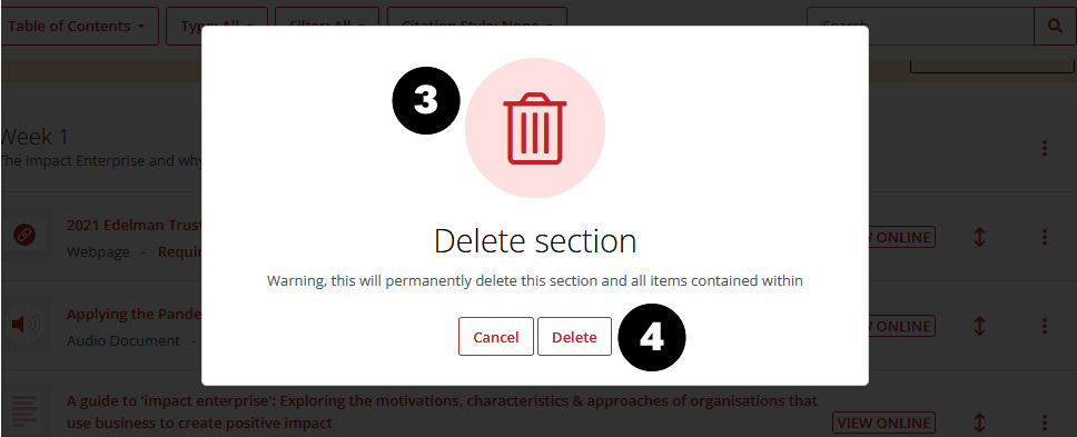 Delete section warning