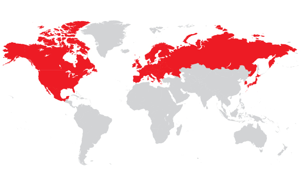 World map with Europe and North America highlighted