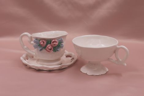 Emily Puxty, Tea Party, 2020, Glazed earthenware, Left cup 15 x 10 cm, Right cup 16 x 11 cm, Plate 20 x 22 cm