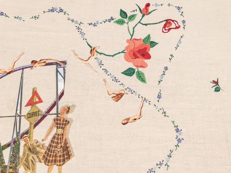 Leisa Turner, Warning Curves Ahead, 2020, Found textile, cotton embroidery thread, stop-motion animation video 34 sec looped 129 x 170 cm