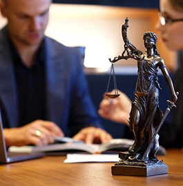 A young male lawyer in a suit sits at an office desk, shares legal advice