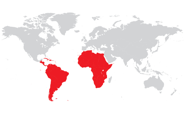 Map of the world with Africa and South America highlighted