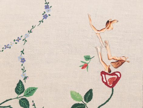 Leisa Turner, Warning Curves Ahead, 2020, Found textile, cotton embroidery thread, stop-motion animation video 34 sec looped 129 x 170 cm