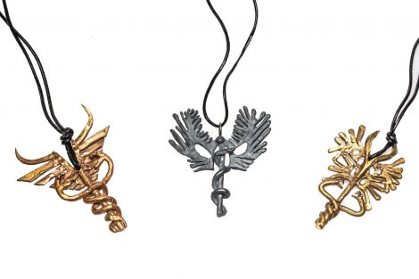 Kirsty Boddington, Series Title, Wield the Rod Needle & Sword (bronze, oxidised silver, black cord), 2020