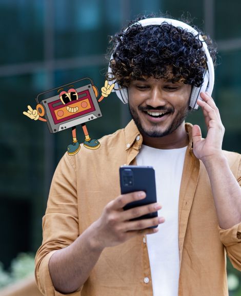 Student listening to music with headphones