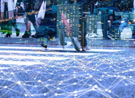 Graphs showing data overlaying an image with a pedestrian crossing