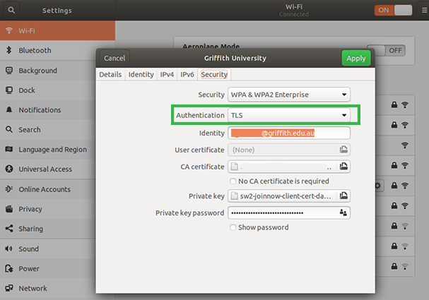 Griffith University Security settings