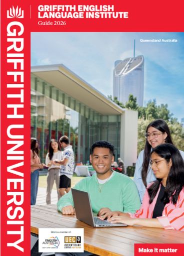 Thumbnail of the Digital GELI Guide showing two GELI students standing in front of the GELI building at the Gold Coast