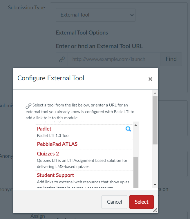 Select Padlet from the External Tools list
