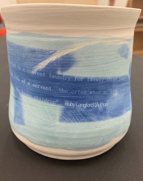 Macarlya Waters, Cyanotype Script on Wheel Thrown Vases, Ruby Langford (Author) Ginibi, All My Mob