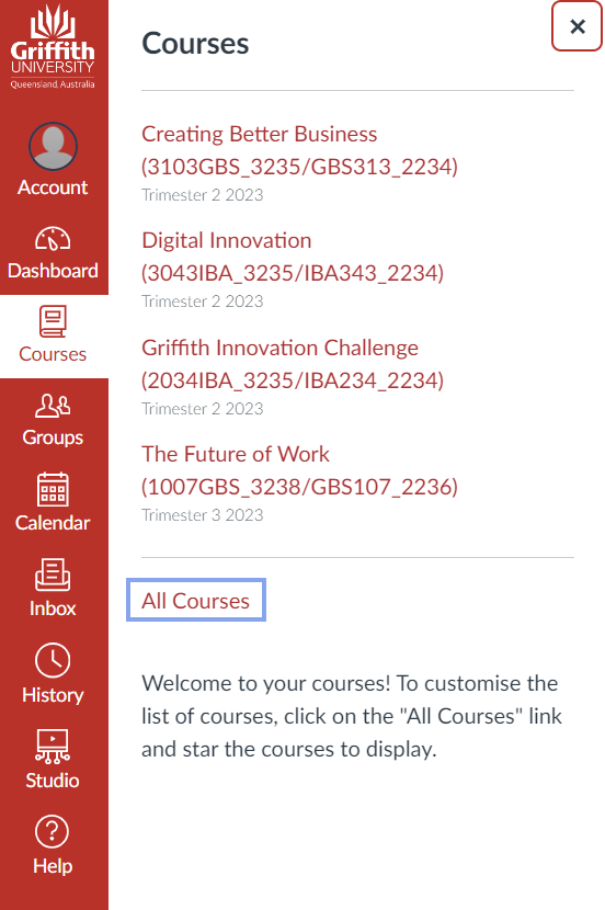All Courses link at the bottom of the Courses pull out menu
