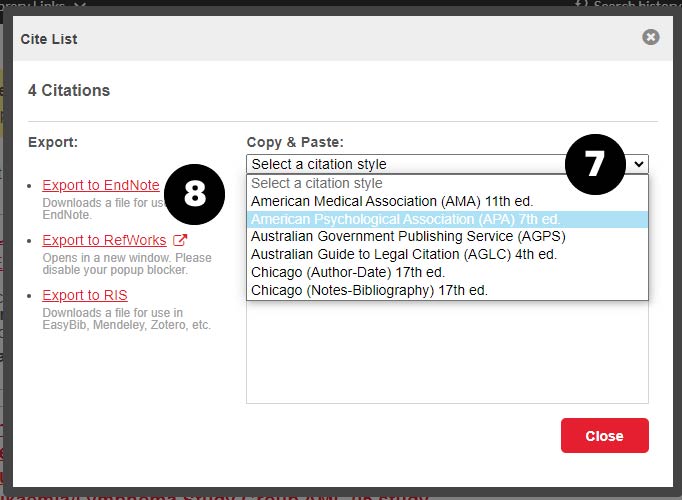 Choose citation style and export to EndNote