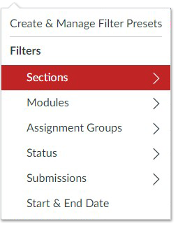 Graphic Interface highlighting the Sections filter