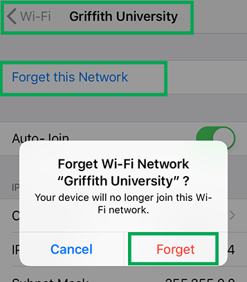 a screenshot of Forget Griffith University Wi-Fi network pop up