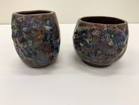 Macarlya Waters, Moulding a new future beginning with the past (Series), Dark Chocolate Earthenware Shell Mould Vase, Bisque 1050 - Glaze 1140, 13cm x 19cm Purple Cosmos, Scotch Heather & DU15 Azure, Cesco Mid-fire Clear Glaze